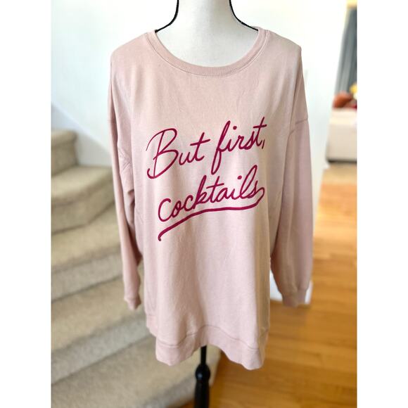 Wildfox Pink "But First Cocktails" Velvet Script Oversize Sweatshirt - Picture 1 of 7